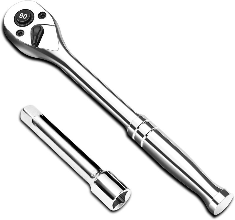 pgroup 1/2-Inch Drive Ratchet Wrench, 90-Tooth Quick-release Reversible Ratchet Wrench with an Extension Bar(3 inch), 10" Long Socket wrench, 4-Degree Swing, Full Polished, Cr-Mo Head For Gifting, Repairing - Image 1